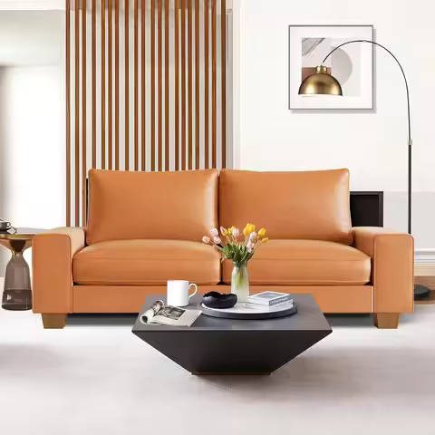Mid Century Faux Leather Sofa Wide Arm Side Pocket Wood Frame Office Living Room 3 Seater 88 inch, C