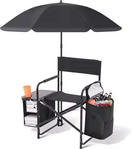 Folding Camping Director Chair With Shade Umbrella, Portable Beach Chair With Side Table And Cooler