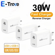 30W Fast Charging Mobile Phone Power Adapter USB-L+USB-C Dual Port Reverse Charger UK/US/EU Portable