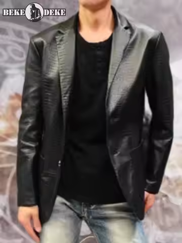 Fashion Men Business Work Crocodile Pattern Sheepskin Genuine Leather Blazer Autumn Luxury Slim Fit 