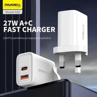 [ Biruborong ] PAVAREAL K60 27W Charger / 27W PD + QC3.0 Fast Quick Charging / 2 Output / UK Plug