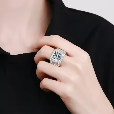 Elegant Store Mens White Gold 18K Moissanite Rings, 2/5 Carat Certificate Luxury Ring for Boyfriend 