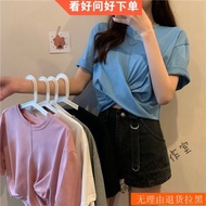 56651女士T恤女裝上衣女T恤女士時尚打結T恤上衣夏季2025新款潮ins韓版松不規則短袖T恤女設計感小眾短款寬鬆上衣
