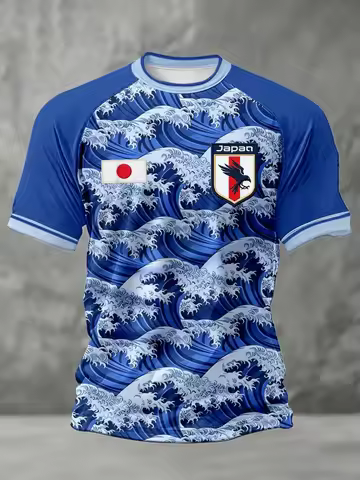 2026 Men Print Soccer Jersey Japan National Team Short Sleeve T Shirt Raven Crest Japan Flag Sports 