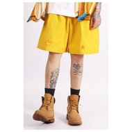 舒適百慕達五分短褲__橘黃色純棉繡花短褲