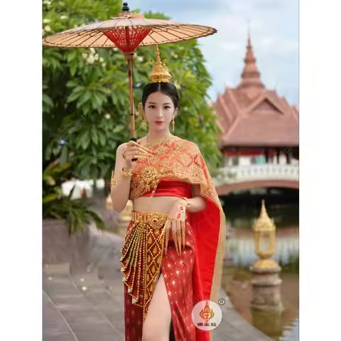 Thai Costume Women Beaded Tube Tops Skirt Shawl Southeast Asian Style Wedding Party Dress Festival T