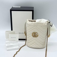 Gucci 古馳 GG Marmont 馬夢 米白色 牛皮 單肩包 迷你 鍊條 水桶包