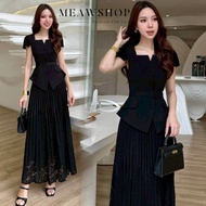 S-2XL Set2ชิ้น เสื้อ+กระโปรงพลีทลูกไม้ สีดำ ชุดดำ ชุดไว้อาลัย ชุดไว้ทุกข์ ชุดสีดำ Blazer ชุดเซ็ต ชุด