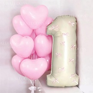 23pcs Beige Number Balloon with Bow Pink Heart Latex Balloons Pink Bow 1 2 3 4 5 6 7 8 9 Number Foil