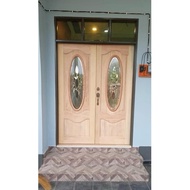 Pintu Kayu Cermin Depan Rumah MC1C (48"/60"/67" x 83)Original Natural Solid Wooden Door Oval Tempered Glass Built-in