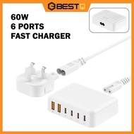 Budi 60W Charger 6 USB Type C Ports Fast Charging Charger UK Plug Charger Adapter