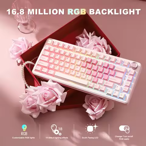 YUNZII B75 PRO Pink Mechanical Gaming Keyboard, Bluetooth/Wire/Wireless 75 Knob RGB Keyboard, Gasket