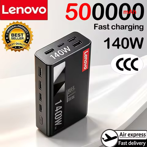 Lenovo 500000mAh CCC Certified Powerbank 140W Super Fast Charging Portable Battery Digital Display f