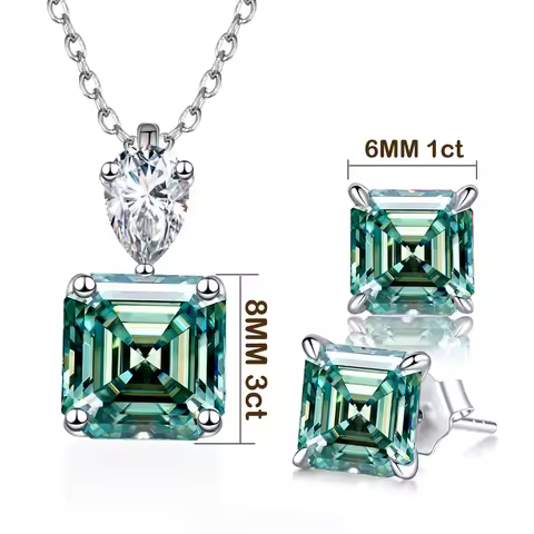 3ct 8MM Square Moissanite Necklace Earnail Set with Certificate Passed Diamond Test Women's Jewelry 