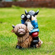 Garden Gnome Statues Resin Gnome Sitting on Highland Cow Solar LED Lights Outdoor Telescope Gnome De
