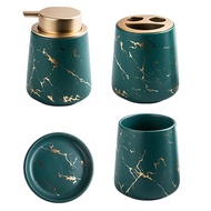 4 PCS Marbling Texture Ceramic Bathroom Set Matte Dark Green Portable Soap Dispenser Mouthwash Cup Toothbrush Cup Lotion Bottle Soap Box