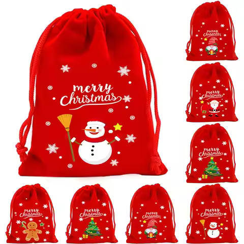 Xmas Velvet Bags Christmas Drawstring Candy Bag Red Green Gift Packaging Bag Party Biscuit Pouch New