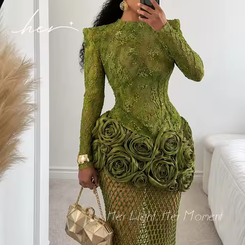 Glam Olive Green Formal Evening Dress Long Sleeve 3D Satin Rose Beading Luxury Prom Dress Birthday P