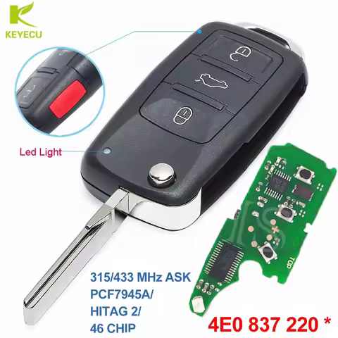KEYECU Replacement Keyless Smart Flip Remote Key Fob 315/433MHz ID46 for Audi A8 S8 2003-2009 4E0837