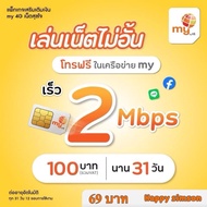 Sim MY 4G ซิมเทพ ไม่ลดสปีด 2 Mbps สมัครเพียง 100 บาท โทรฟรีในเครือข่ายไม่อั้น ต่อ 31วัน รับสิทธิ์นาน 12 รอบ ระบบเติมเงิน ซิมเน็ตไม่ลดสปีด