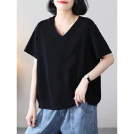 baju lengan panjang perempuan cotton t shirt Musim panas sastera plus saiz T-shirt kolar hati mm lon