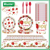Strawberry Party Tableware Set Disposable Plates Cups Napkins Cutlery Tablecloth Set Strawberry Them