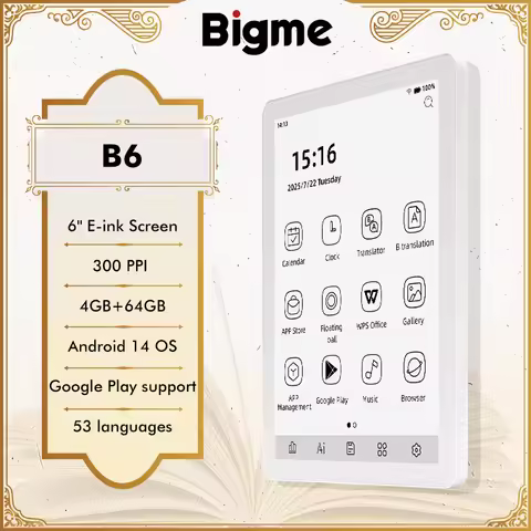 Bigme B6 E-reader, 6-inch B&W E-Ink Screen EBook Reader, 300PPI HD Paper-like E-book, Android 14 OS,