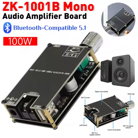 ZK-1001B Mono 100W Digital Power Amplifier Board Bluetooth-Compatible 5.1 AUX TPA3116D2 Amp Board wi
