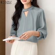 ZANZEA เสื้อสไตล์เกาหลีสำหรับผู้หญิง,เสื้อเสื้อผ้าซาตินสำนักงานหรูหราคอกลมแขนพัฟเสื้อแบบสวมหัว #10