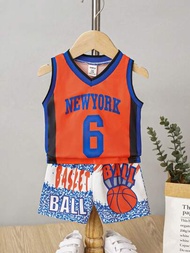 嬰兒男童字母圖形拼色籃球球衣套裝