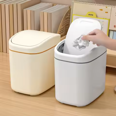 Desktop Trash Can Small Mini Garbage Can Plastic Dustbin with Shake Cover for Home Office Waste Bins