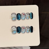 Original North Sea Aurora Manicure Ocean Wave Blue Cat's Eye Short Handmade Wear Nails 26.4.30