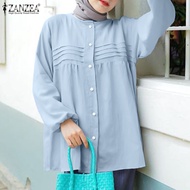 Zanzea เสื้อมุสลิมผู้หญิง,เสื้อเบลาส์แฟชั่นอัดพลีทลำลองหลวมแขนพองเสื้อเชิ้ตคอกลม