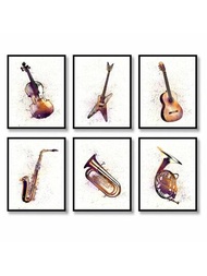 6入組音樂墻藝術，樂器印刷牆飾畫布現代海報時尚金屬色照片圖片小提琴，薩克斯風，電吉他，大號，號角插圖橫掛畫無框裝飾家居