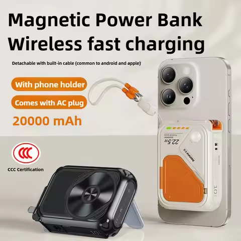 20000mAh Magnetic Power Bank with Plug Phone Holder Multifunctional PD22.5W Wireless Fast Charging f