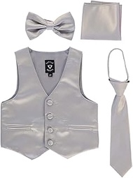 Little Gents 738 Satin Vest w/Zipper Tie Bowtie & Hanky (Silver, 4T)