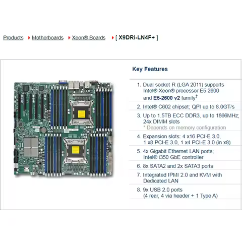 2-Way Server E-ATX Motherboard 2011 C602 DDR3 Xeon Processor E5-2600 E5-2600 v2 Family† X9DRi-LN4F+