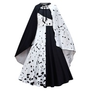101 Dalmatians Black White Witch Kuira Clothes Children Halloween Costumes Long Skirt Cloak Wig 8058