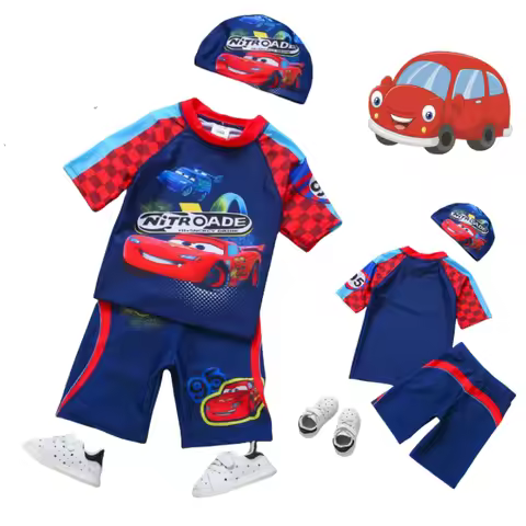 Disney lightning McQueen anime pattern cartoon cute boy swimsuit swim cap creative handsome sunscree