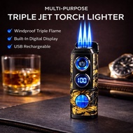 Th671 Windproof Triple Jet Flame Lighter Type-C Rechargeable LED Digital Display Butane Torch (refil
