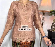 Blus semi prancis kombinasi payet mewah leher v