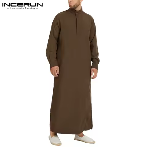 INCERUN Men Muslim Islamic Kaftan Arab Vintage Long Sleeve Men Thobe Robe Loose Dubai Saudi Arab Kaf