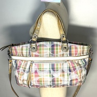 กระเป๋า COACH แท้ ผ้าลาย Signature Madras มีสายยาว มีตำหนิที่สาย ลดราคาขาดทุน Clearance COACH 19617 Poppy Madras Rocker Crossbody Sequin Plaid Large Satchel Clearance