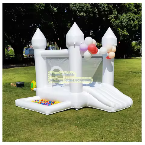 Jumping Castle-Inflatable White Bounce House for Kids, Bouncy House with Blower, Slide, 5-8 Kids, 2.