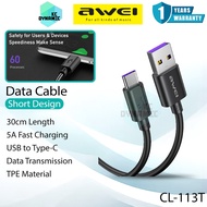 Awei CL-113T Data Cable 5A Fast Charging Cable USB Kabel Type-C Cable 0.3M 30cm Awei CL-113 Short Ca