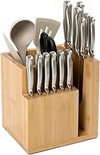 KitchenEdge Bamboo Magnetic Knife Block and Cooking Utensil Holder, Sleek Storage for Chefs Knives, 