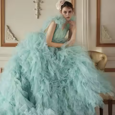 Dreamlike Turquoise Fuffy Long Tulle Bridal Dresses Backless Tulle Women Formal Dress Costume Many C