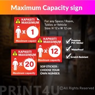 PRINT4U SOP SIGN MAXIMUM ROOM CAPACITY | DINE-IN TABLE STICKER BILANGAN TERHAD DI DALAM PREMIS