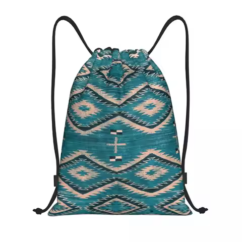 Navajo Horse Saddle Blanket Drawstring Bag for Training Yoga Backpacks Men Women Dusty Turquoise Gre