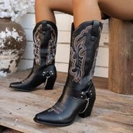 Women's Embroidered Western Style Outdoor Casual Buckle Chain Decor Mid-Calf Boots, Spring Autumn 20